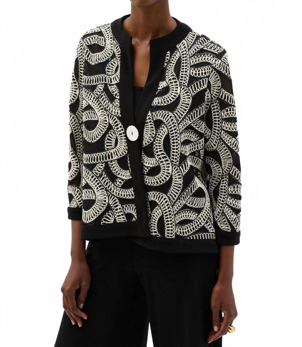 NEW JOSEPH RIBKOFF embroidered mesh swing jacket in black/off-white